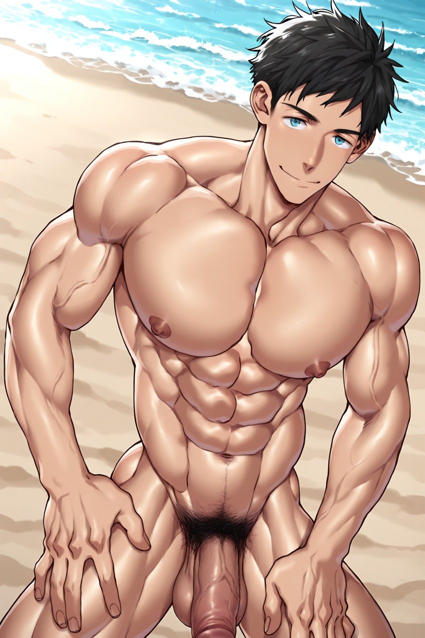 1boy 1man ai_generated bara beach big_cock black_hair blue_eyes flaccid free! free!_iwatobi_swim_club hair kneeling male muscles naked nude nude_male ocean pubic pubic_hair renxai_bara semi_hard semi_hard_cock soft_cock solo solo_male squatting squatting_male yamazaki_sosuke yamazaki_sousuke yaoi