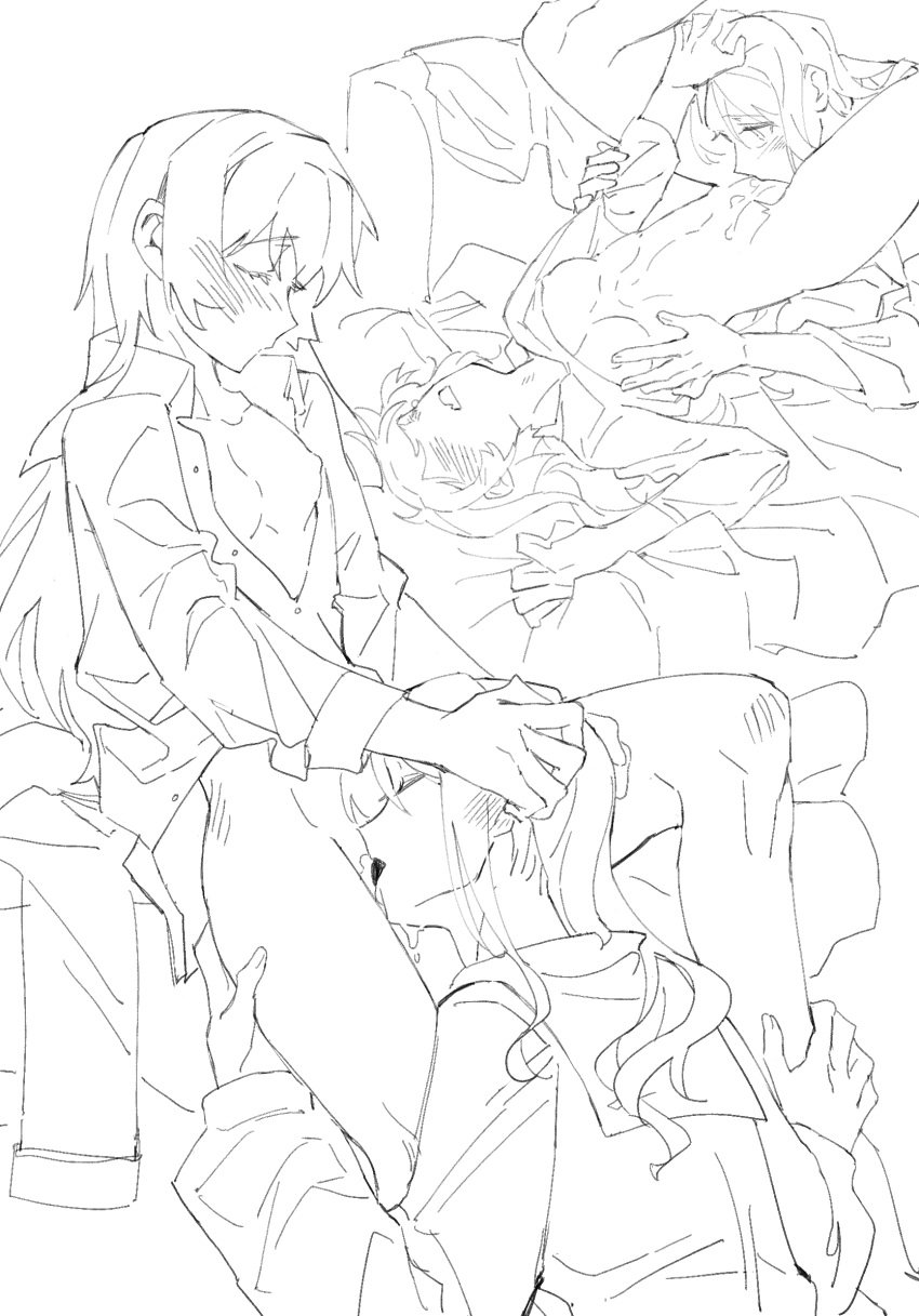 2girls bang_dream! bang_dream!_it&#039;s_mygo!!!!! between_legs blush bottomless breasts breasts_out chihaya_anon chinese_commentary closed_eyes collar commentary_request commission cunnilingus female greyscale hand_on_another&#039;s_head highres lanserongjie long_hair monochrome multiple_girls nagasaki_soyo nipples oerba_yun_fang open_clothes open_mouth open_shirt oral pussy_juice_on_face school_uniform second-party_source skin_fang small_breasts tongue tongue_out tsukinomori_school_uniform yuri