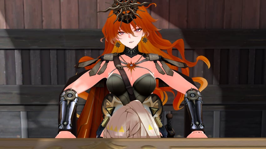 1futa 1girls 3d 3d_(artwork) armour augusta blowjob female forced implied_blowjob implied_futa iuno leopard_ears looking_at_viewer red_hair runeiteer sitting_on_chair smirk sucking tagme_(character) under_table under_table_oral wuthering_waves