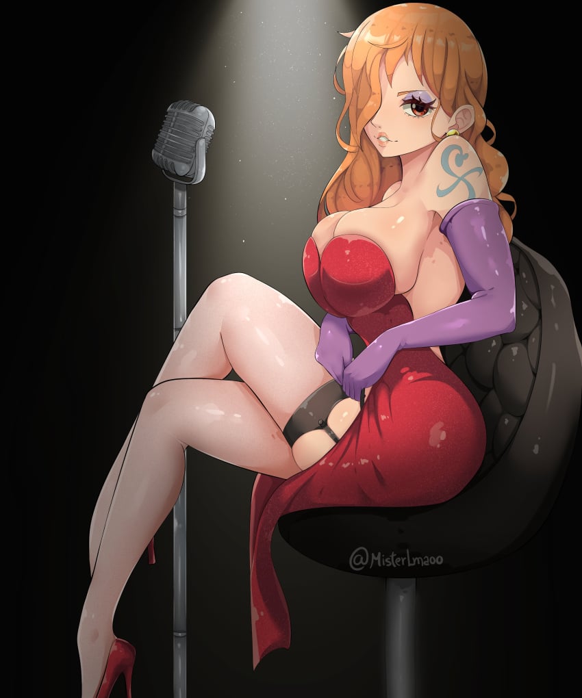 1girls arm_tattoo big_ass big_breasts big_butt big_nipples big_thighs big_titties blue_tattoo breasts clothing cosplay curvaceous curvaceous_female curvaceous_figure curvy curvy_figure curvy_hips female female_focus female_only jessica_rabbit_(cosplay) jessica_rabbit_outfit long_hair looking_at_viewer misterlmaoo nami_(one_piece) nipples_covered one_piece orange_hair orange_hair_female solo thigh_highs