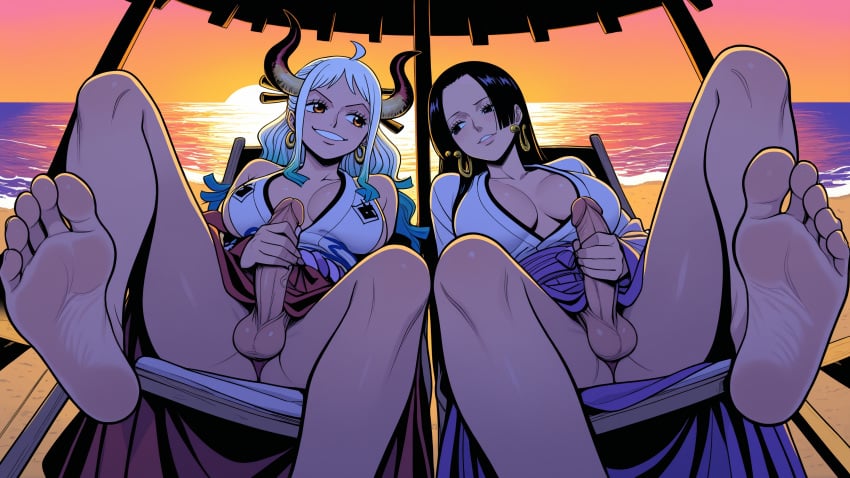 2girls abs ai_generated balls barefoot between_toes black_hair blue_hair boa_hancock breasts bulge cleavage colored_skin dirty_feet earrings erection erosaga feet feet_up female flaccid foot_focus footjob forehead foreskin full-package_futa futanari gay grin homosexual horns huge_cock intersex jewelry large_breasts large_penis large_testicles long_hair long_toenails manual_masturbation muscular muscular_female no_bra no_panties one_piece orange_sky penis perineum precum sensual single_boot sitting smile soles spread_legs spread_toes stirrup_legwear sunset testicles toe_scrunch toeless_legwear toenail_polish toenails toes two-footed_footjob uncensored uncircumcised veins veiny_penis yamato_(one_piece)
