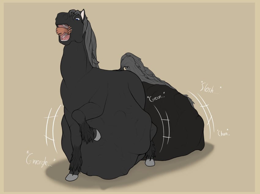 absurd_res alovion balls belly big_balls big_belly black_body black_fur blue_eyes cock_vore equid equine feral feral_pred fur genitals hi_res horse huge_balls hyper hyper_balls hyper_genitalia male male_pred mammal open_mouth oral_vore penile penis stomach_bulge vore