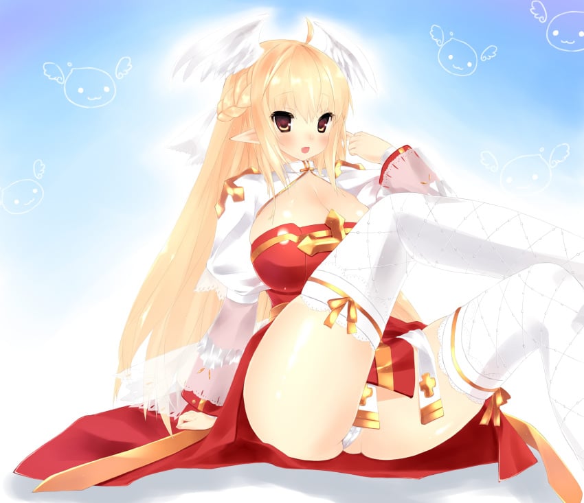 archbishop blonde_hair braid braids breasts brown_hair cleavage elf female high_resolution huge_breasts legs legs_crossed long_hair long_skirt panties pantyshot pointy_ears ragnarok_online sitting skirt solo thighhighs thighs tsukimi_(pixiv) underwear white_legwear white_thighhighs wings