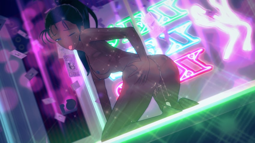3d black_female dark-skinned_female dark_blue_eyes dripping_pussy ebony edit edited female fully_nude hair_tied_back high_ponytail koikatsu lube_in_ass money nude nude_female one_eye_closed showing_ass showing_off showing_off_ass showing_off_butt sticking_out_tongue strip_club stripper stripper_pole tiffany_(doki_doki_literature_club) tounge_out wet_pussy