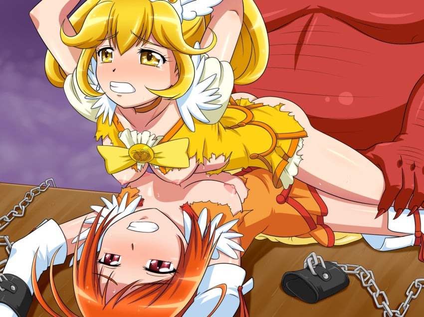 2girls akaoni bondage chains clothed_sex clothing cure_peace cure_sunny from_behind fucked_silly goro_(artist) hi_res hino_akane human interspecies magical_girl medium_breasts multiple_girls pretty_cure red_oni red_skin small_breasts smile_precure threesome torn_clothes yayoi_kise