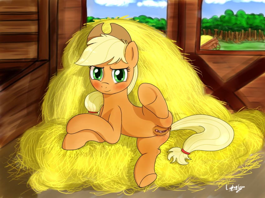 2012 applejack_(mlp) blush equine female friendship_is_magic green_eyes horse laptopgun looking_at_viewer my_little_pony pony pussy smooth_skin