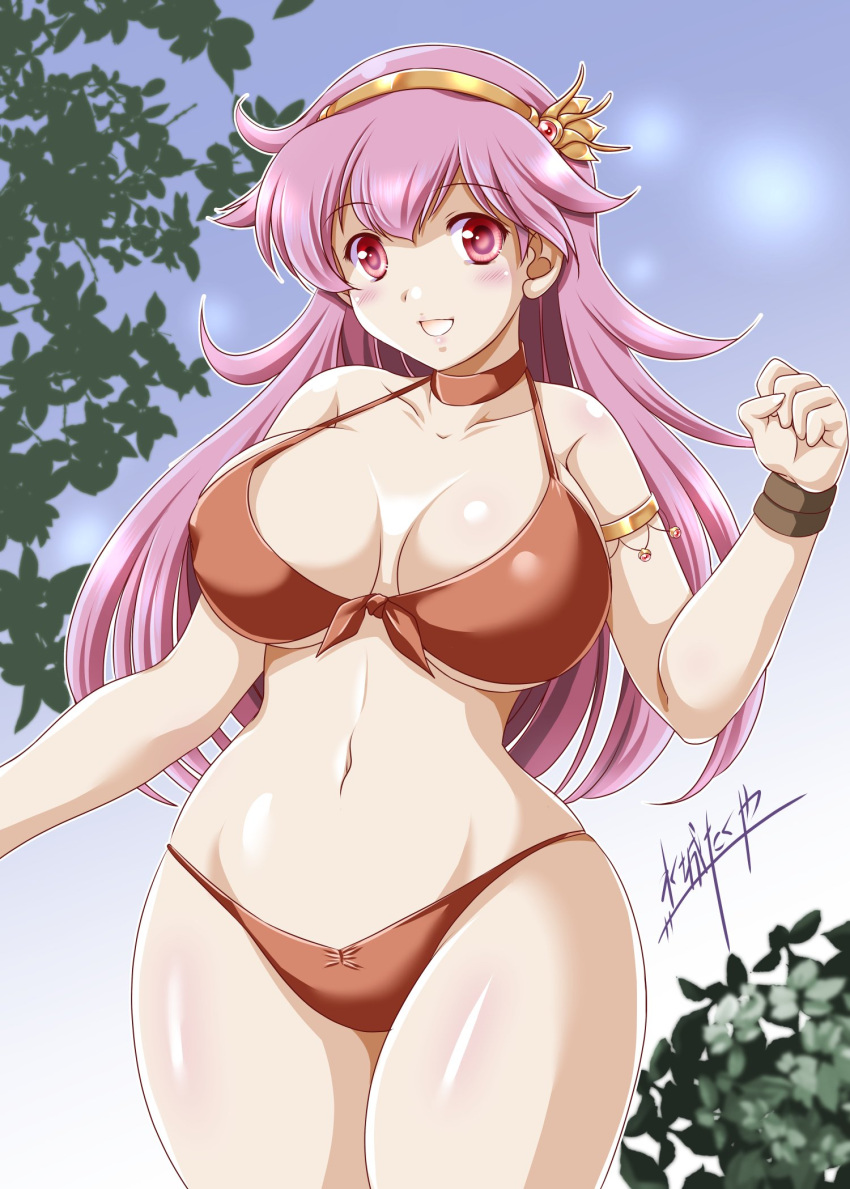 1girls artist_name athena_(series) big_breasts bikini breasts busty child_bearing_hips cleavage curvy female female_only front-tie_bikini_top front-tie_top highres large_breasts legs long_hair looking_at_viewer navel open_mouth pink_eyes pink_hair pink_lips princess_athena red_bikini snk solo swimsuit thick_thighs thighs very_long_hair voluptuous wide_hips