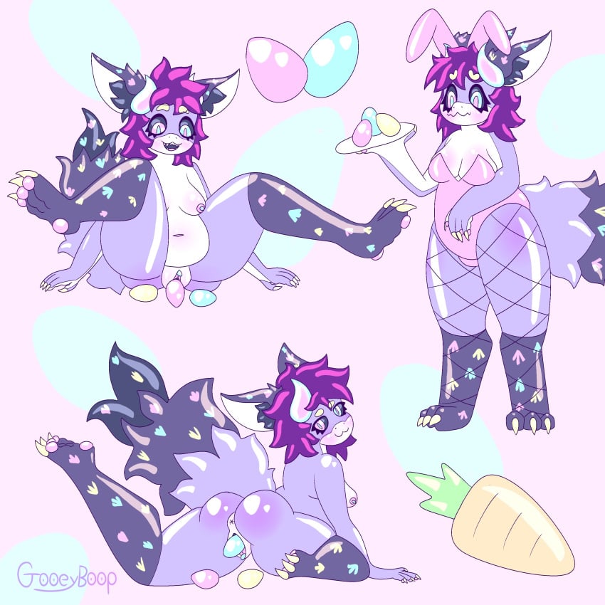1girls absurd_res anthro anus ass belly big_belly breasts bunny_costume carrot claws clitoris clothing costume easter egg egg_laying fangs female female_only fishnet_clothing fluffy fluffy_tail food fur furred_scalie genitals gooeyboop happy hi_res holidays horn kobold nervous nervous_smile overweight pastel_theme plant playboy_bunny purple_body pussy scalie slightly_chubby smug smug_face solo tail teeth vegetable