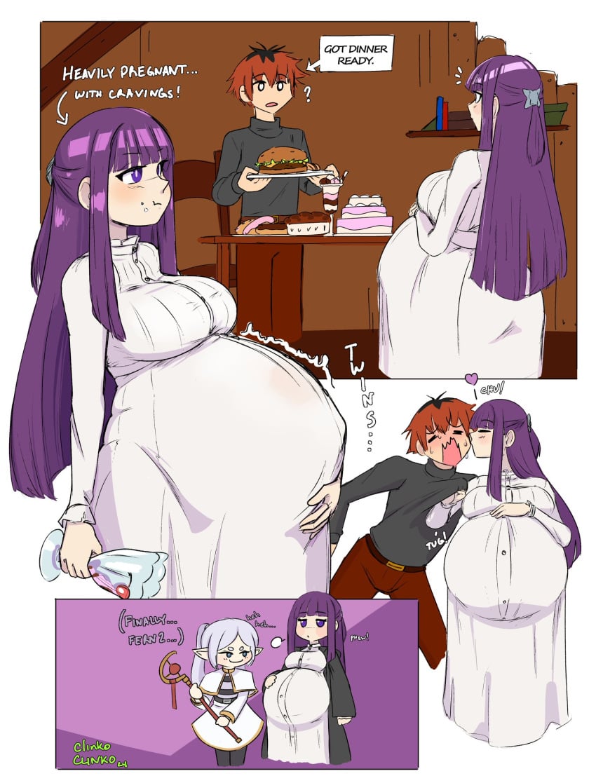 1boy 2d 2d_(artwork) 2girls belly_bulge belly_expansion belly_growl big_belly blush bread burger cake cheek_kiss clinkoclinko color comic comic_panel dinner dinner_table female fern_(sousou_no_frieren) food frieren fully_clothed fully_clothed_female fully_clothed_male heterosexual hi_res highres holding_glass holding_object holding_plate holding_wand huper kiss kissing_cheek male multiple_panels multiple_pregnancies pregnancy pregnancy_cravings pregnant pregnant_belly pregnant_female pregnant_with_multiples purple_eyes purple_hair ready_to_pop safe_for_work sfw smooch source_request sousou_no_frieren stark_(sousou_no_frieren) wand weight_gain white_background wide_hips