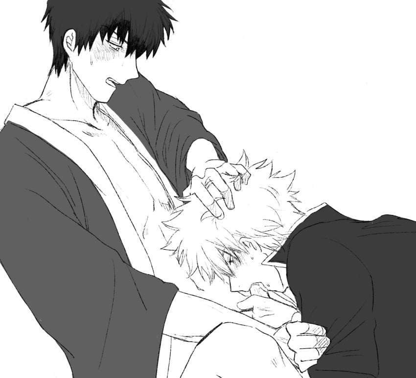 2boys blowjob blush gay gintama gintoki_sakata hand_on_another's_head hijikata_toshiro kimono looking_at_another looking_down male male_only monochrome open_kimono open_mouth oral penis sweat sweatdrop uncensored yaoi