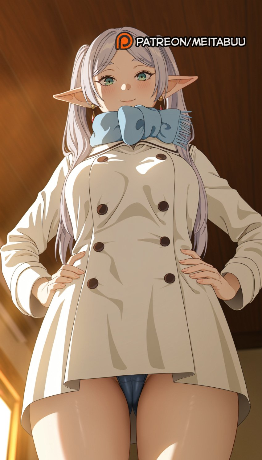 ai_generated blue_panties blue_scarf blush breasts buttons cameltoe closed_mouth coat cowboy_shot drop_earrings earrings elf female frieren frieren_beyond_journey&#039;s_end from_below green_eyes grey_hair hands_on_own_hips indoors jewelry long_hair long_sleeves looking_at_viewer meitabuu panties pantyshot parted_bangs pointy_ears scarf smile solo sousou_no_frieren standing thighs twintails underwear white_coat white_hair winter_coat