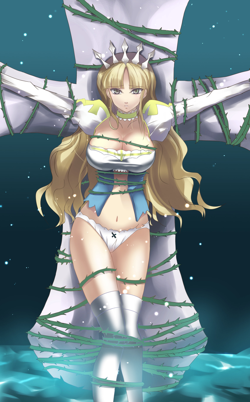 blonde_hair breasts choker clalaclan_philias cleavage clothes clothing crown earrings green_eyes hair highres large_breasts panties princess restrained shining_(series) shining_wind stockings torn_clothes