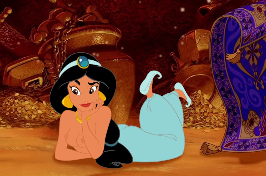 aladdin arabian_clothes black_hair brown_eyes disney disney_princess harem_outfit magic_carpet nipples princess_jasmine theoriginalginger topless