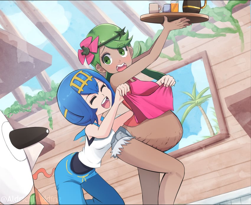 1girl1futa aldrichpudding apron cafe dark-skinned_female dark_skin eyes_popping_out female holding_drink implied_futanari lana_(pokemon) lifting_another's_clothes lifting_shirt mallow_(pokemon) playful pokemon pokemon_sm popped_navel prank pregnant pregnant_belly ready_to_pop rowlet shorts stretch_marks surprised tagme wholesome
