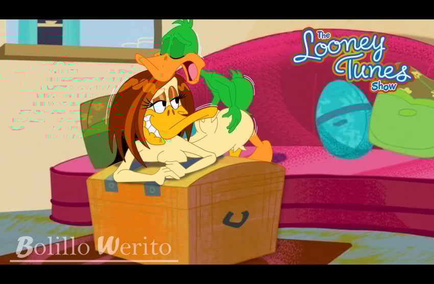 absurd_res anatid anatid_humanoid animal_humanoid anseriform anseriform_humanoid avian avian_humanoid bird bird_humanoid bolillo_werito brown_hair closed_eyes crossover duck duck_humanoid duo female furniture hair hi_res humanoid male male/female open_mouth plucky_duck sex sofa teeth the_looney_tunes_show tina_russo tiny_toon_adventures warner_brothers