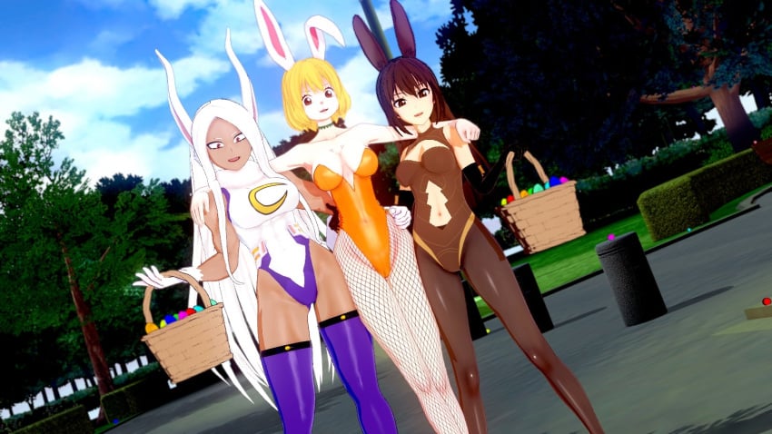 3d anthro basket blonde_hair boku_no_hero_academia brown_hair bunny_ears bunny_girl bunnysuit carrot_(one_piece) clothing crossover easter easter_egg eastern_and_western_character female female_only fishnet_stockings koikatsu miruko my_hero_academia one_piece perfect_idiot rumi_usagiyama rwby velvet_scarlatina white_hair