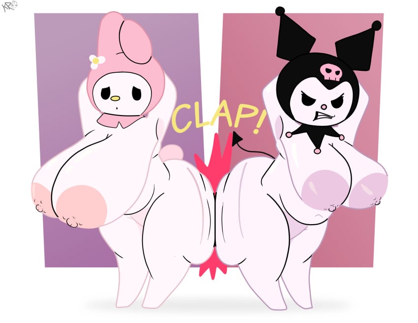 absurd_res anthro areola ass ass_to_ass big_breasts big_butt breast_size_difference breasts duo female female/female hello_kitty_(series) hi_res huge_breasts hyper hyper_breasts killrabs kuromi lagomorph leporid male mammal my_melody onegai_my_melody onomatopoeia rabbit sanrio simple_background sound_effects text