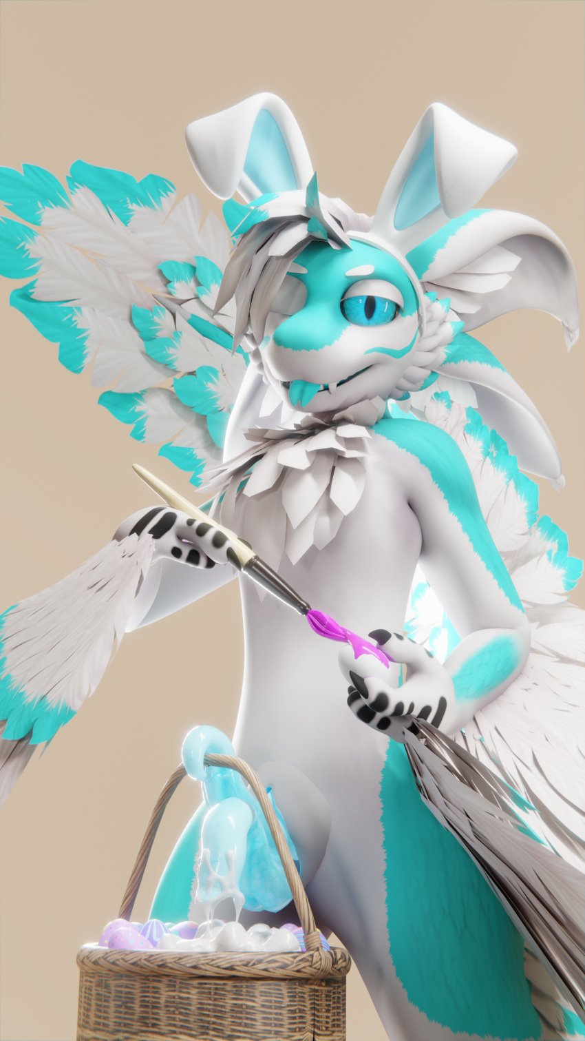1boy 2_penises 3_fingers 3d 4_ears 4k 9:16 absurd_res animal_genitalia animal_penis anthro avali basket blep blue_body blue_feathers blue_fur blue_penis bodily_fluids brush container cum diphallia diphallism easter easter_basket easter_egg egg egg_laying fake_ears fake_rabbit_ears feathers fingers forked_tongue fur genital_fluids genitals hemipenes hi_res holding_object holidays looking_at_viewer male male_only multi_ear multi_genitalia multi_penis one_eye_closed ovipositor_penis paint paintbrush painting penis prehensile_penis quill_avali_ad quill_feathertail simple_background slit_(disambiguation) solo tapering_penis tongue tongue_out white_body white_feathers white_fur wink