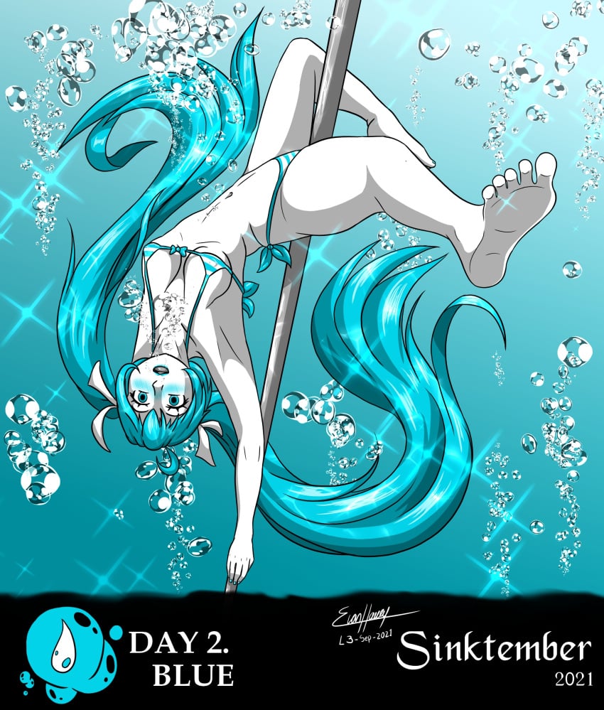 1girls evan_harrey female hatsune_miku pole_dance sextember sinktember solo striped_bikini underwater vocaloid yamaha