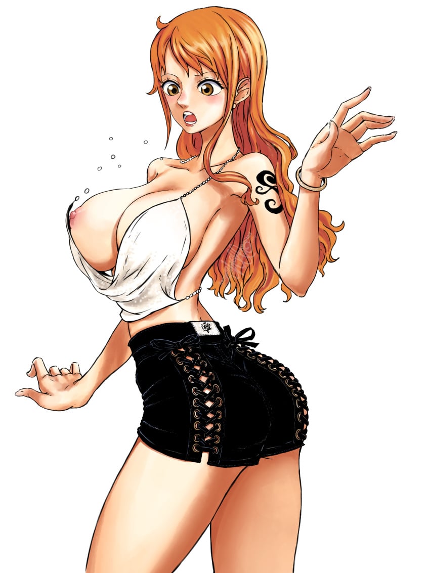 1girls anime_style big_breasts bracelet cleavage clothing female female_only ginger ginger_hair highres hotpants long_hair nami_(one_piece) nipple_slip nipples one_piece shellmaru short_top shorts surprised surprised_expression tattoo tattooed_arm tight_pants tight_shorts top_falling torn_clothes white_background