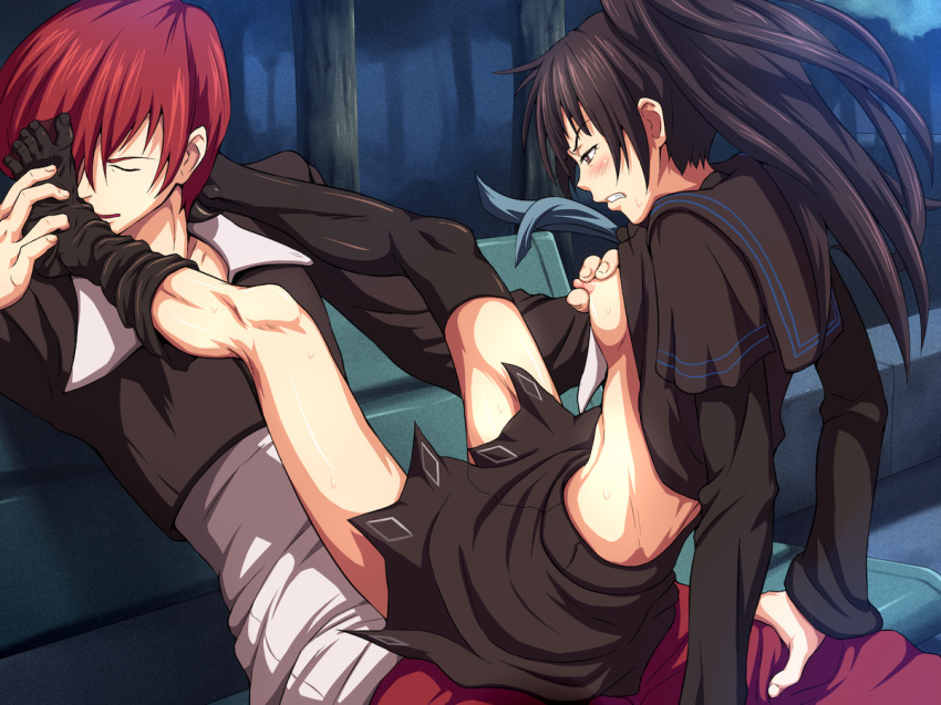 1boy 1girls bench black_hair blush breast_grab breasts clenched_teeth closed_eyes defeated feet female foot_worship hands_on_feet human iori_yagami king_of_fighters long_hair maku_(l-u) male miu_kurosaki night nipples no_bra red_hair school_uniform sex shirt_lift short_hair sitting sitting_on_person skirt snk socks straight tied_hair toes twintails