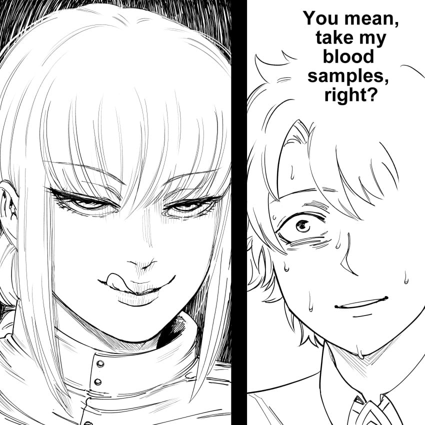 1boy absurdres bb_(baalbuddy) black_and_white english_text fate/grand_order fate_(series) female florence_nightingale_(fate) for_the_better_right?_(meme) fujimaru_ritsuka_(male) grey_hair head_only highres licking_lips long_hair male meme monochrome nervous_sweating short_hair smirk sweat tongue tongue_out you_gonna_get_raped