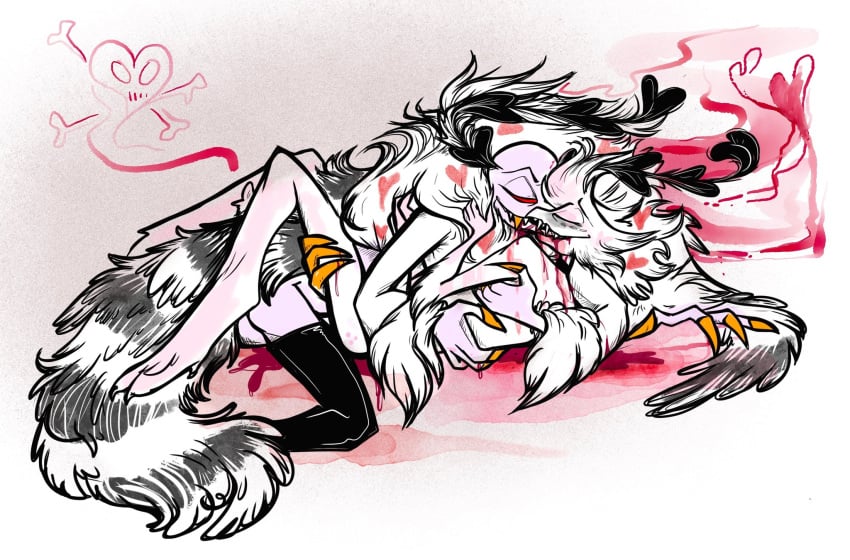 2025 2boys 2d ambiguous_penetration angel_dust_(hazbin_hotel) clothing color hazbin_hotel heart heart_symbol kissing kissing_while_penetrated looking_at_another male pheromones skull_symbol twiggietime unhealthy valentino_(hazbin_hotel) vivienne_medrano watermark