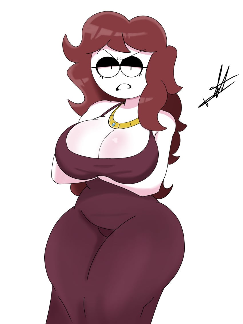 1girls ass big_ass big_breasts big_butt blue_jewel breasts brown_dress brown_hair carmen_(spooky_month) clothed clothed_female clothes clothing dress eyeliner female female_focus female_only gold_(metal) gold_bracelet gold_jewelry gold_necklace hand_on_hip leinadproas long_hair milf mommy mommy_kink necklace solo solo_female solo_focus spooky_month thick_thighs thighs white_body white_skin