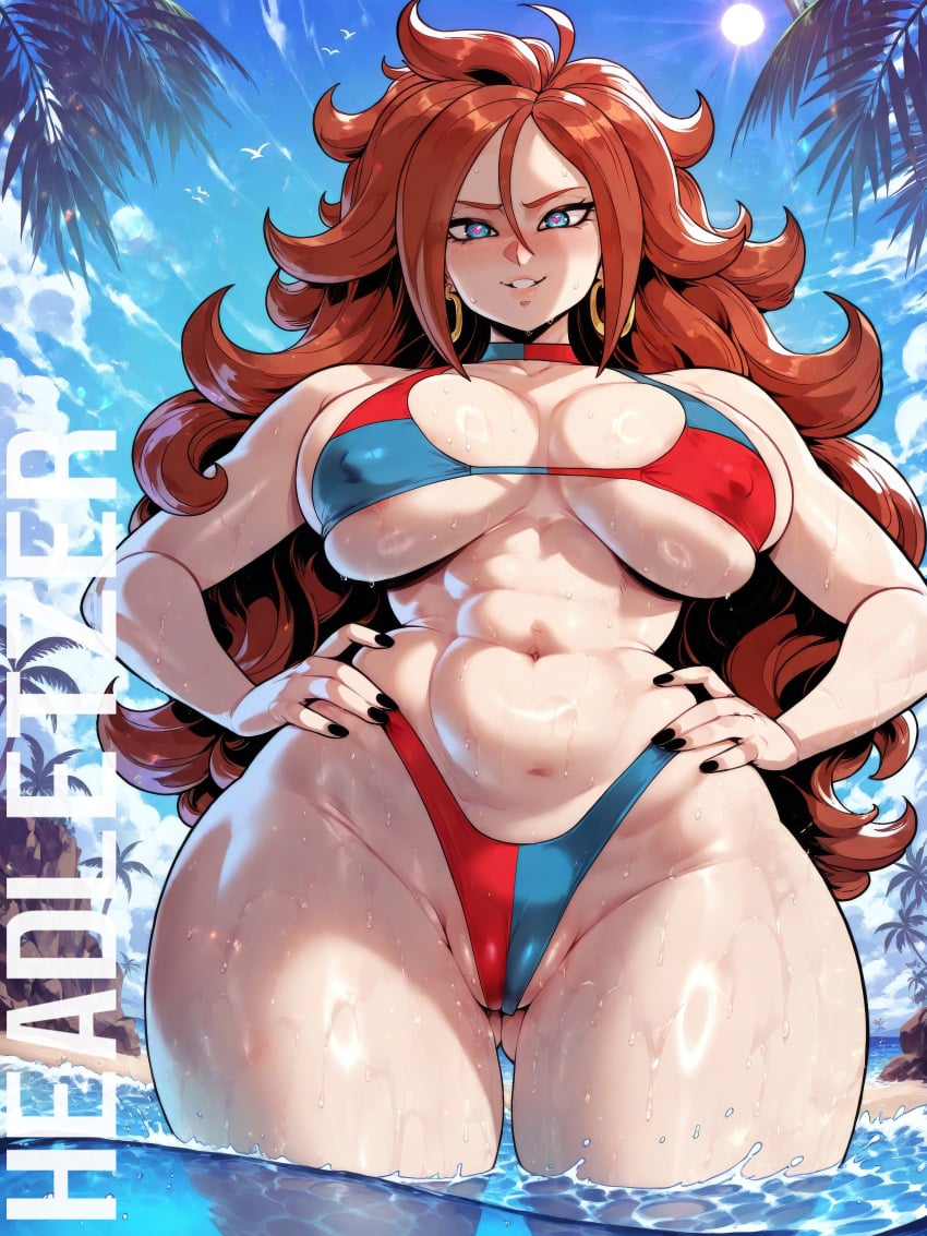 1girls 3:4 ai_generated android_21 android_21_(human) barely_visible_pussy beach big_breasts bikini breasts brown_hair cameltoe checkered_clothes dragon_ball dragon_ball_fighterz erect_nipples female female_only hands_on_hips headletzer heart-shaped_pupils huge_breasts large_breasts looking_at_viewer micro_bikini swimsuit