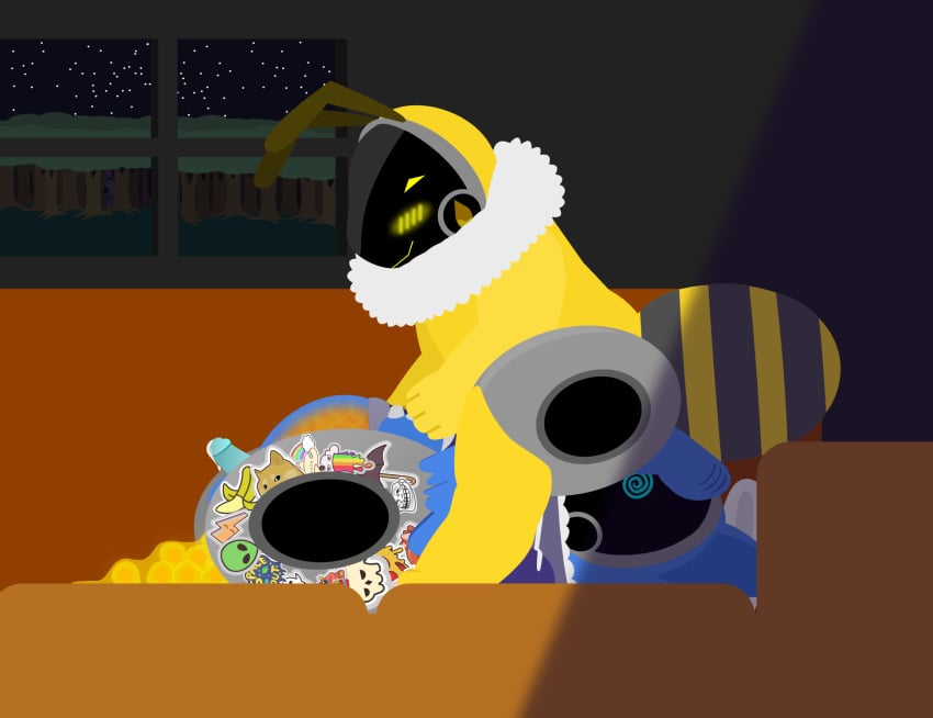 anthro arthropod bee bodily_fluids bottomless clothed clothing duo egg egg_inflation egg_laying facesitting female genital_fluids genitals hi_res honeypot_(tf2_demo_2004) hoodie hoodie_only hybrid hymenopteran insects legs_above_head machine male male/female penis precum protogen sitting_on_another spiral_eyes stickerboard_(tf2_demo_2004) stickers_on_body tf2_demo_2004 topwear topwear_only