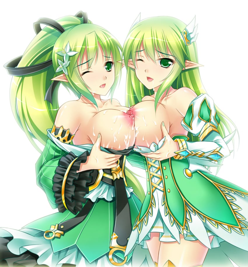 breasts cum elf elsword female grand_archer_(elsword) multiple_girls nipples rena_(elsword) symmetrical_docking thighhighs tsukimi_kirara wind_sneaker_(elsword) yuri