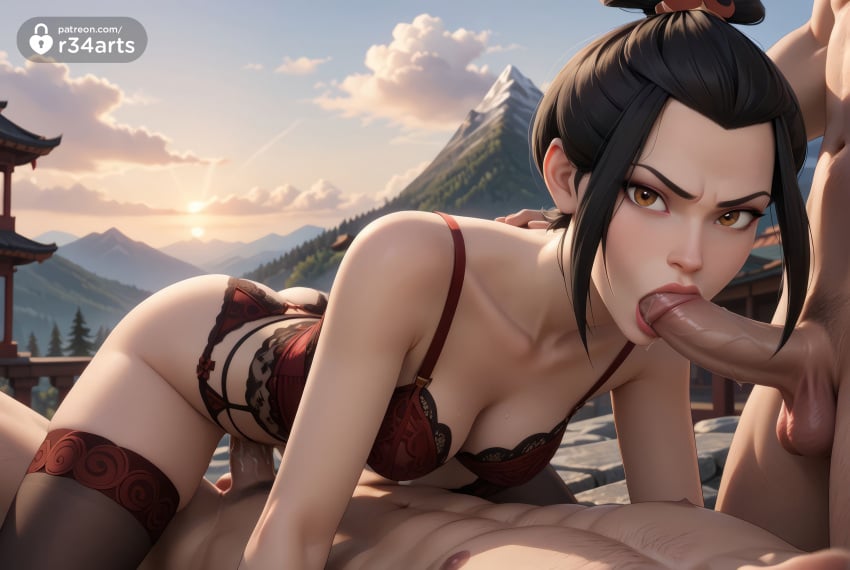 1girls 2boys ai_generated all_fours architecture artist_name avatar_legends avatar_the_last_airbender azula black_hair blowjob bra breasts brown_eyes cleavage clothed_female_nude_male cloud collarbone cowgirl_position double_penetration east_asian_architecture erection fellatio garter_belt group_sex hi_res lingerie lips looking_at_viewer male_pubic_hair medium_breasts mmf_threesome mountain multiple_boys nickelodeon nicktoons nude oral outdoors panties penis pubic_hair r34arts red_bra red_panties sex sky solo_focus spitroast straight sun testicles thighhighs threesome uncensored underwear vaginal_penetration