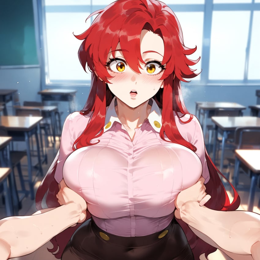 1boy 1girls ai_generated bangs black_clothes black_skirt blush breast_grab breasts classroom clothing collared_shirt covered_navel curvaceous curvaceous_female curvaceous_figure curvy curvy_figure desk dress_shirt female female female_focus grabbing grabbing_another&#039;s_breast groping hair_between_eyes huge_breasts indoors large_breasts lips long_hair long_sleeves looking_at_viewer male miyuai open_mouth pencil_skirt pink_shirt pov_hands red_hair sex shirt shirt_tucked_in short_sleeves sidelocks skirt solo_focus straight sweat sweatdrop taut_clothes teacher tengen_toppa_gurren_lagann thighs uniform very_long_hair voluptuous voluptuous_female white_shirt window yellow_eyes yoko_littner