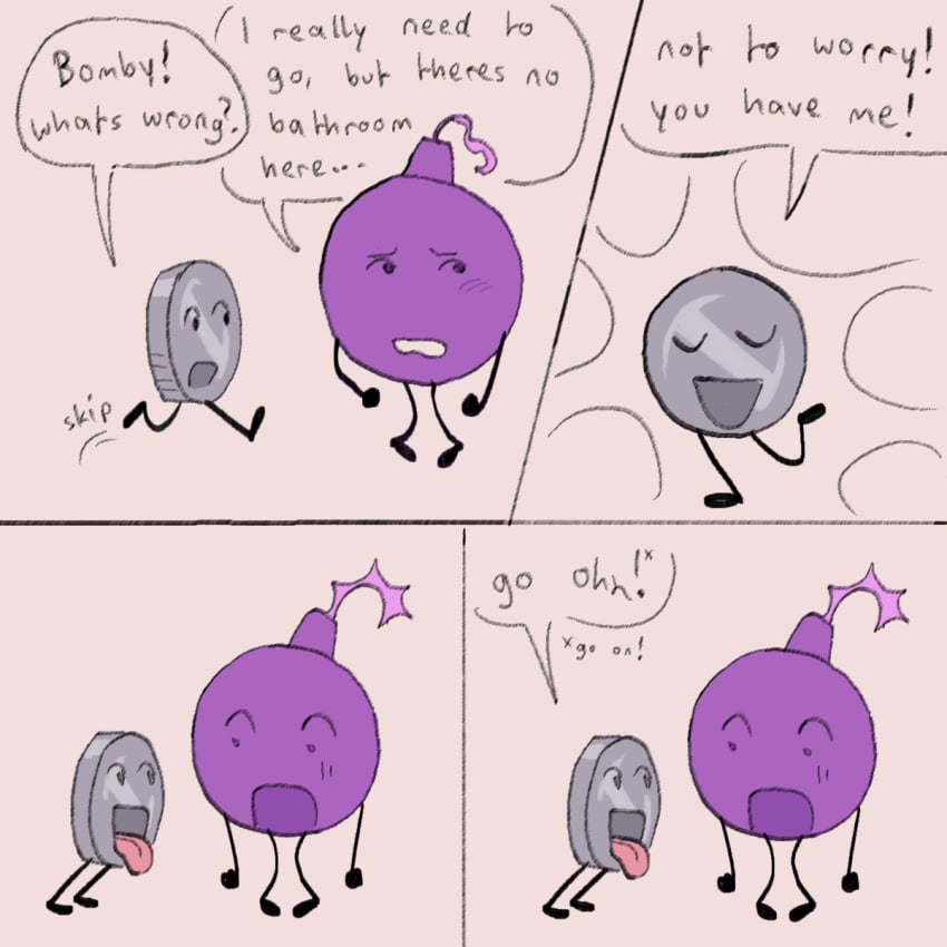 2boys animate_inanimate battle_for_dream_island bomby_(bfdi) comic comic_page dialogue gay implied_gay male male_only nickel_(bfdi) object_shows open_mouth page_1 shocked_expression starflakes tagme tongue tongue_out
