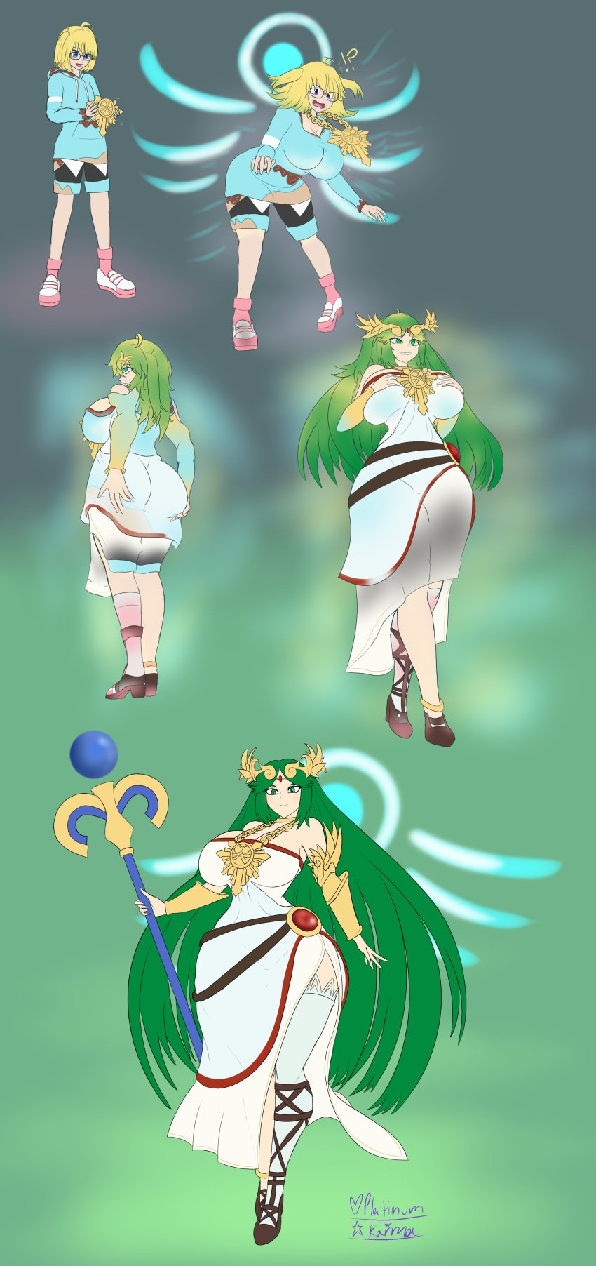 bimbo bimbo_body bimbofication bimbofied cleavage female huge_ass huge_breasts kid_icarus nintendo palutena platinumkarma thick_thighs transformation transformation_sequence wide_hips