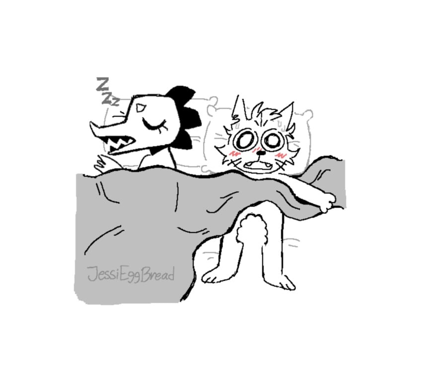 after_sex anthro bea_santello bite bite_mark blush blush_lines bodily_fluids crocodile crocodilian domestic_cat exposed felid feline felis female female/female hi_res jessiborowski11 mae_borowski mammal meme night_in_the_woods open_mouth reptile scalie sleeping sleeping_together sweat wide_eyed