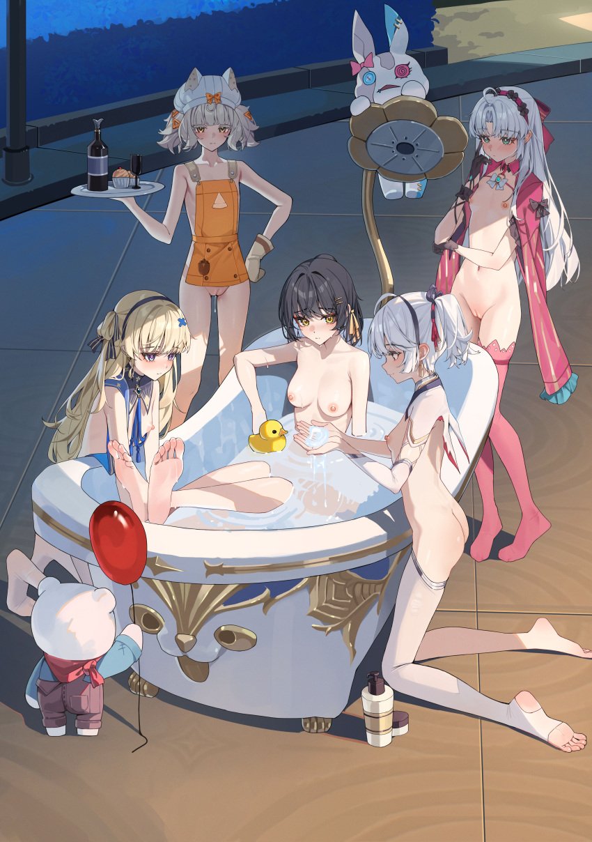 5girls absurdres animal_ears apron aqua_eyes ass back balloon bathing bathtub black_hair blonde_hair blush bottle breasts camellya_(wuthering_waves) carlotta_(wuthering_waves) casual casual_nudity cat_ears champagne_flute coat coat_on_shoulders commentary_request cup cupcake drinking_glass female female_rover_(wuthering_waves) food hairband hand_on_own_hip hat highres kneeling left_of_venus long_hair margherita_(wuthering_waves) medium_breasts multiple_girls naked_apron nipples paid_reward_available phoebe_(wuthering_waves) pink_thighhighs purple_eyes pussy rover_(wuthering_waves) single_thighhigh small_breasts stirrup_legwear thighhighs toeless_legwear water white_hair white_thighhighs wuthering_waves xiao_lin_jiu