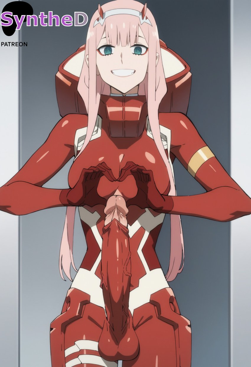 1futa ai_generated aqua_eyes artist_name artist_signature balls bodysuit breasts cowboy_shot darling_in_the_franxx erection futanari green_eyes grin heart heart_hands hi_res high_resolution highres horns huge_cock intersex large_penis long_hair looking_at_viewer medium_breasts patreon penis pink_hair skin_tight smile solo standing synthed teeth testicles uncensored veins zero_two_(darling_in_the_franxx)