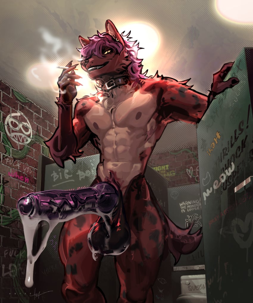 anthro balls bathroom big_balls big_penis bodily_fluids cigarette collar collar_only cum cum_drip cum_on_balls cum_on_penis detailed_background dripping excessive_cum excessive_genital_fluids fur genital_fluids genitals hi_res hyena knot male mammal muscular muscular_anthro muscular_male nipples nude nude_anthro nude_male penis public_restroom red_body red_fur restroom_stall smoke smoking solo totsaarkonn