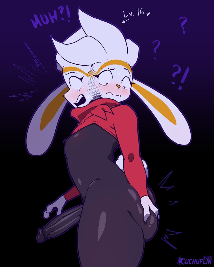 absurd_res anthro ass big_butt big_penis blush cuchuflin dialogue english_text femboy fur generation_8_pokemon genitals hi_res humanoid_genitalia humanoid_penis interrobang male nintendo penis pokemon pokemon_(species) question_mark raboot solo text white_body white_fur