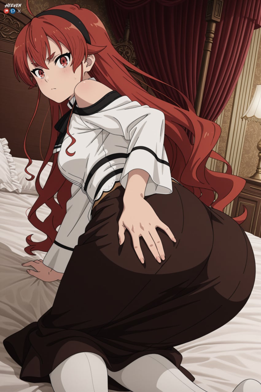 1boy 1girl absurdres adult ahoge ai_assisted ai_generated all_fours ass bangs bare_shoulders bed big_breasts black_hairband black_skirt blush breasts brown_skirt closed_mouth curtains eris_greyrat female from_behind hair_between_eyes hairband hand_on_own_ass heeven highres indoors long_hair long_sleeves looking_at_viewer looking_back male mature mushoku_tensei mushoku_tensei:_isekai_ittara_honki_dasu on_bed pantyhose patreon patreon_username perfect_body pillow red_eyes red_hair sensitive shirt skirt solo thick_eyebrows uncensored white_pantyhose white_shirt