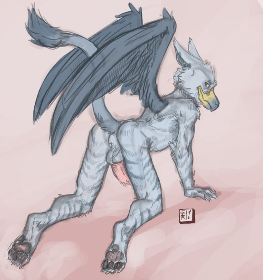 2012 all_fours ass avian balls erection furry gryphon kerrija looking_back male male_only no_humans nude penis presenting presenting_hindquarters raised_tail sketch solo tzarvolver wings