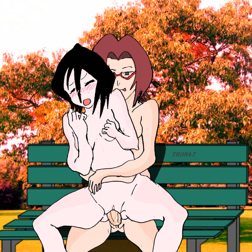 black_hair bleach blue_eyes blush chizuru_honsho closed_eyes cum cum_inside futa_on_female futanari glasses honshou_chizuru intersex kuchiki_rukia licking_lips open_mouth red_hair riding tron47_(artist) vaginal_penetration