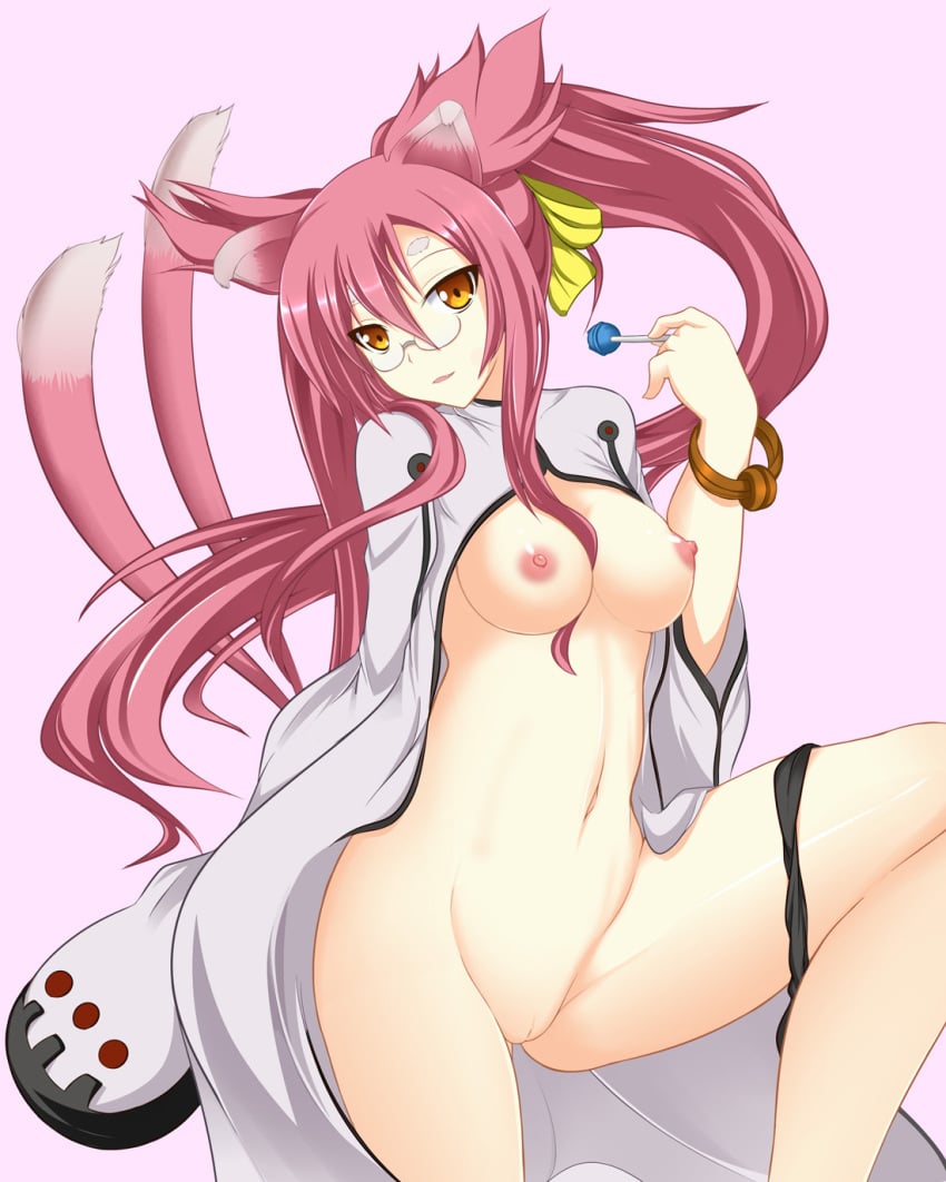 animal_ears blazblue bracelet breasts candy cat_ears cat_tail clothing eyeswear fangs female glasses hair highres jewelry kokonoe lollipop long_hair multiple_tails nagamon navel open_clothes open_shirt orange_eyes panties panties_around_leg panties_around_one_leg parted_lips pink_hair ponytail pussy ribbon shirt solo tail tied_hair uncensored underwear