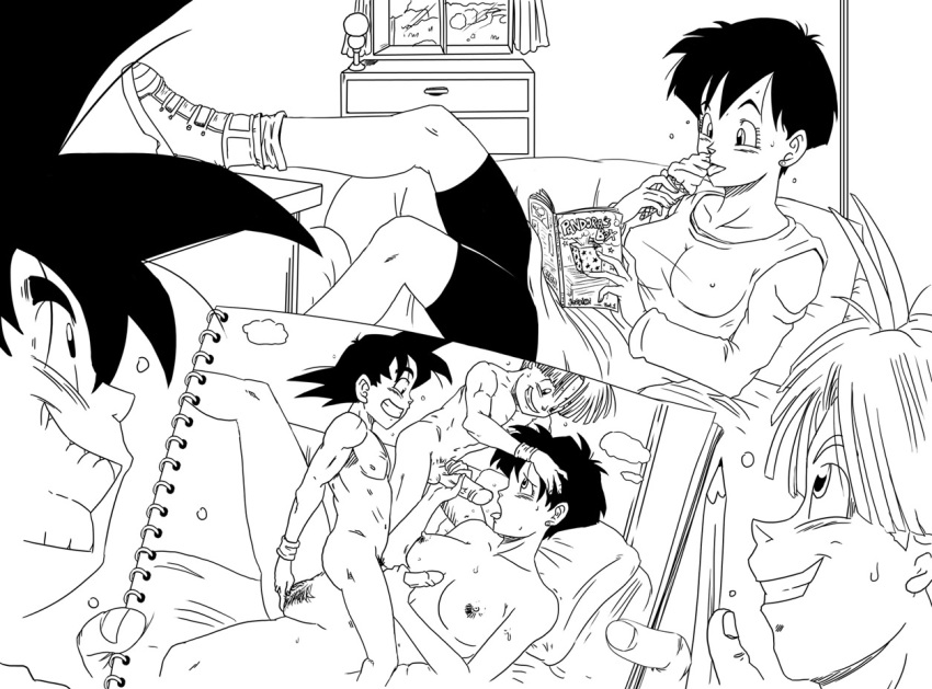 black_hair breasts clenched_teeth dragon_ball dragon_ball_z drawing fellatio fingering group_sex handjob ice_cream lying monochrome nipples nude oral penis pillow pubic_hair reading shoes short_hair smile socks son_goten sos_(soshimi) threesome trunks_briefs uncensored videl