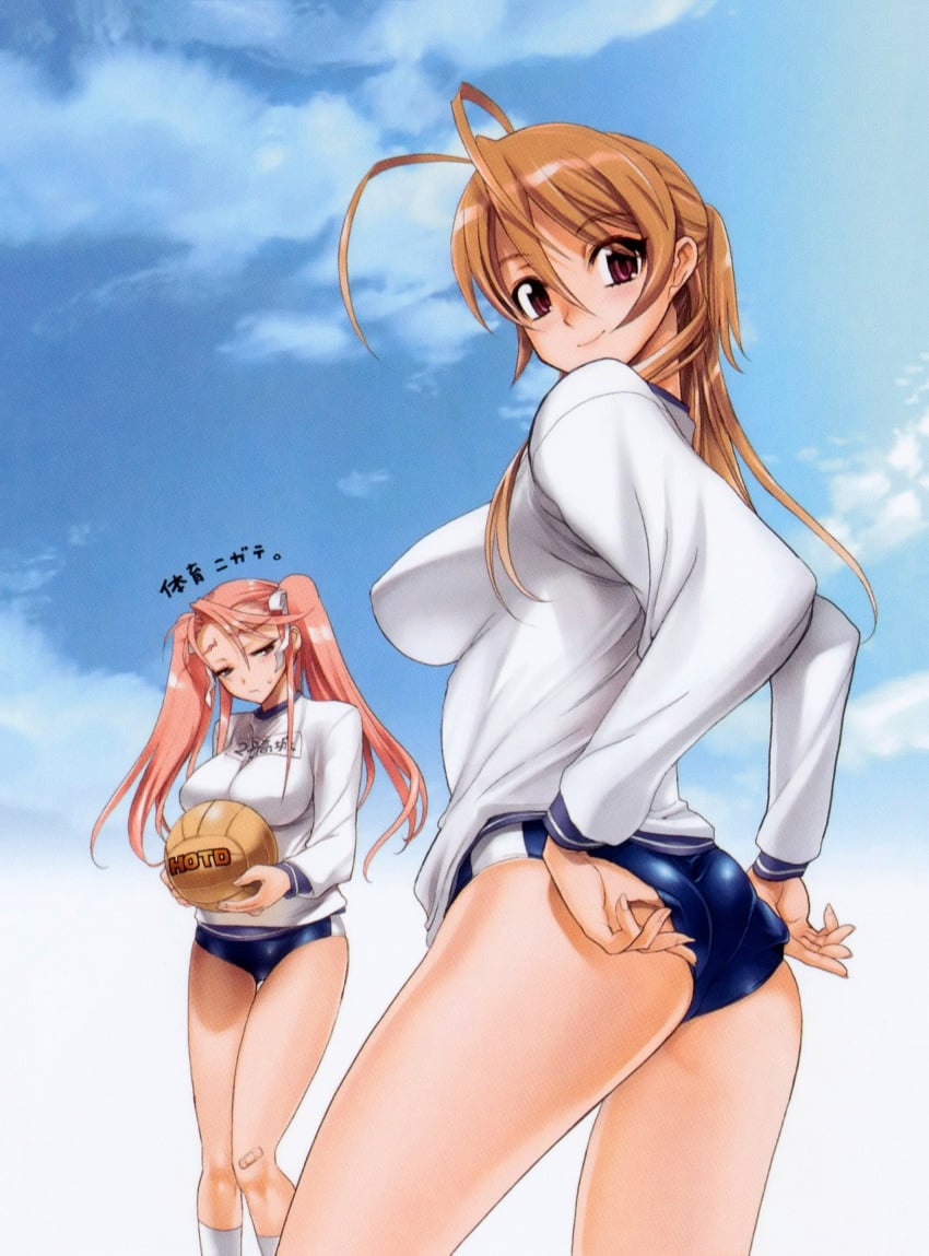 2girls adjusting_buruma antenna_hair ass bandaid breasts brown_hair buruma buruma_pull female female_only from_below gym_uniform highres highschool_of_the_dead impossible_clothes impossible_shirt inazuma large_breasts long_hair looking_back multiple_girls nipples pink_hair rei_miyamoto satou_shouji saya_takagi sky smile tied_hair twintails volleyball