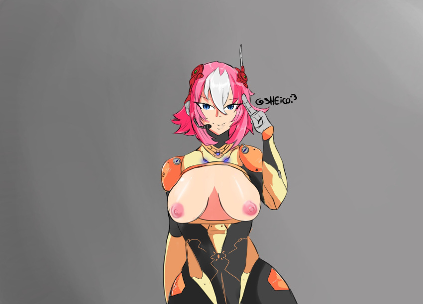 big_breasts blue_eyes exposed_breasts female flashing highlights_(coloring) looking_at_viewer mega_man mega_man_x microphone nana_(mega_man) nipples pink_hair replojd sheico short_hair solo