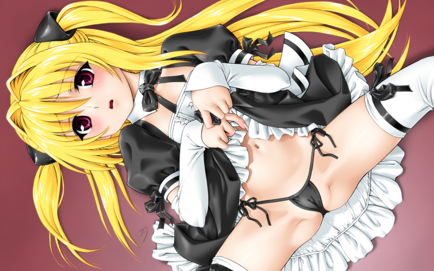 blonde_hair blush fuji_shinobu golden_darkness highres konjiki_no_yami long_hair panties red_eyes side-tie_panties spread_legs thighhighs to_love-ru underwear