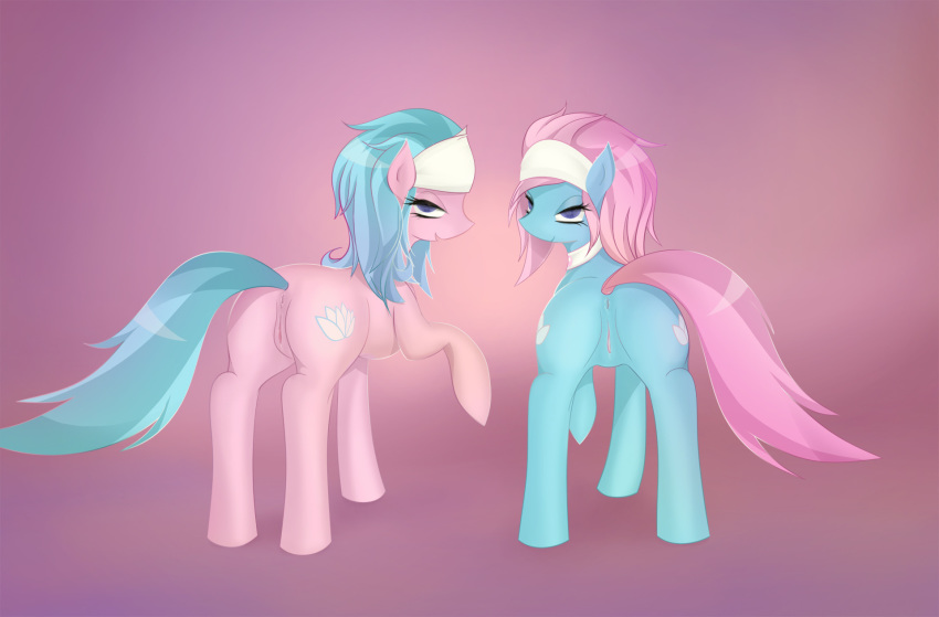 aloe_(mlp) anus ass blue_eyes blue_fur blue_hair cutie_mark duo earth_pony equine female female_only feral friendship_is_magic fur hair headband horse looking_back lotus_blossom multiple_females my_little_pony pink_fur pink_hair plain_background pony pussy v-invidia