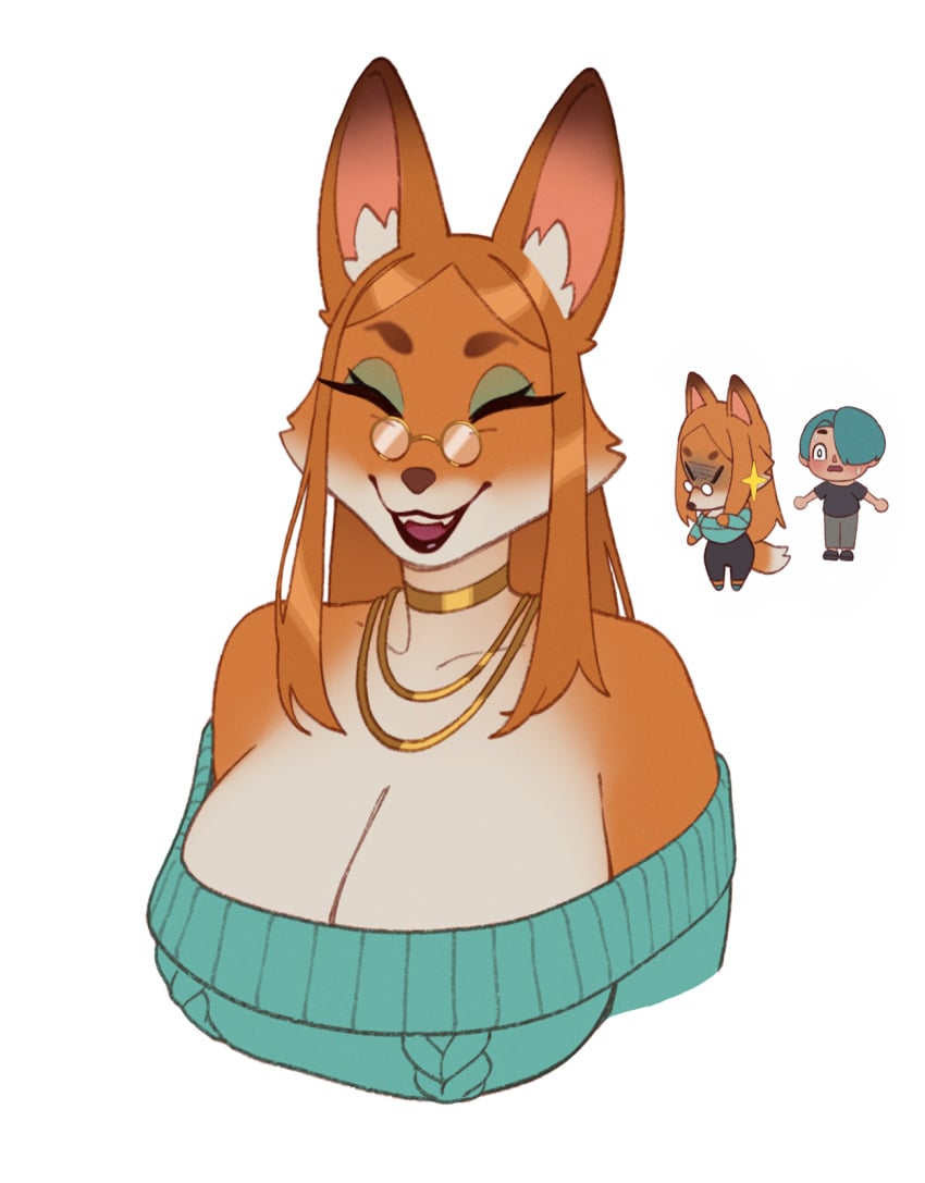 anne_(rizdraws) blue_sweater cleavage closed_eyes collar crazy_redd curvy_female fox fox_ears fox_girl furrification huge_breasts kitsune large_breasts milf oc rizdraws ryou_(rizdraws) sharp_teeth sweater tail wide_hips